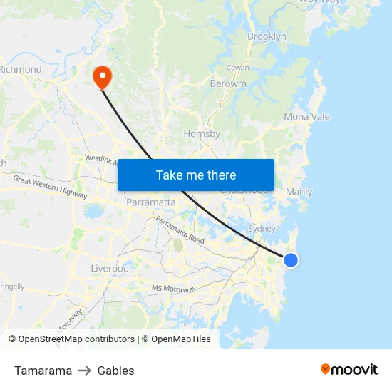 Tamarama to Gables map