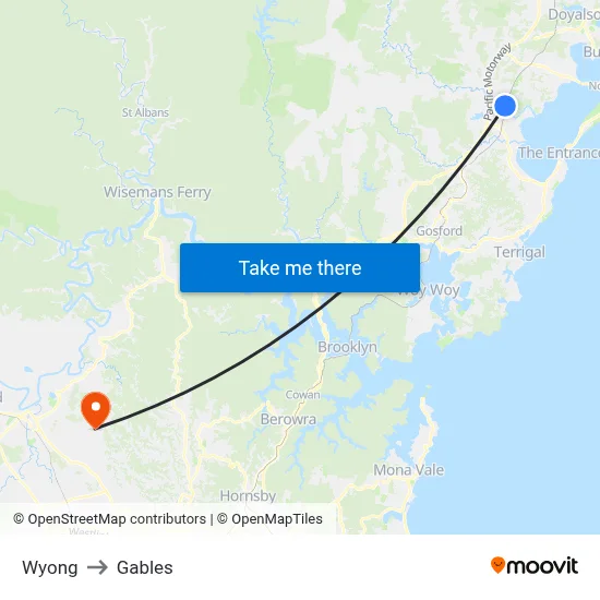 Wyong to Gables map