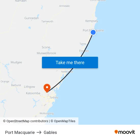 Port Macquarie to Gables map