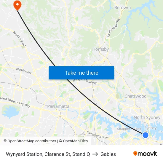 Wynyard Station, Clarence St, Stand Q to Gables map