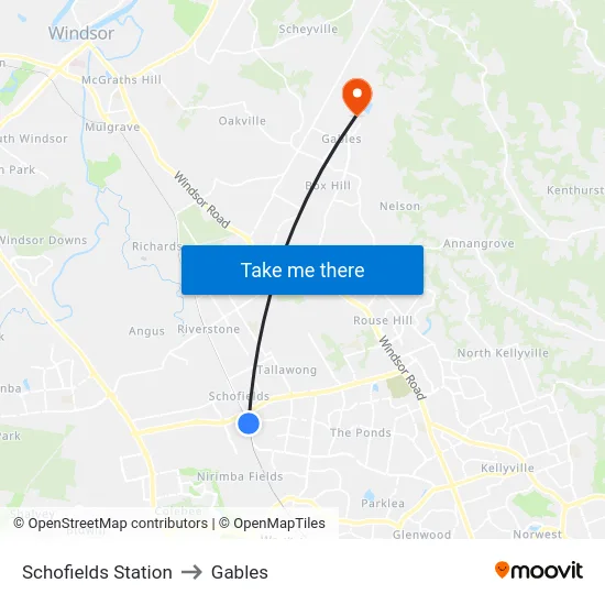 Schofields Station to Gables map