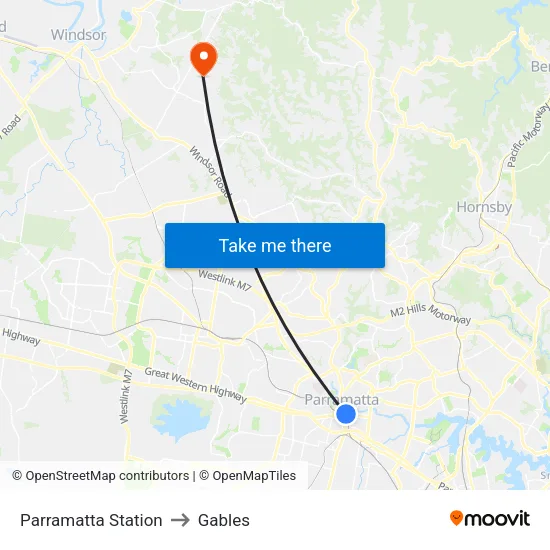 Parramatta Station to Gables map