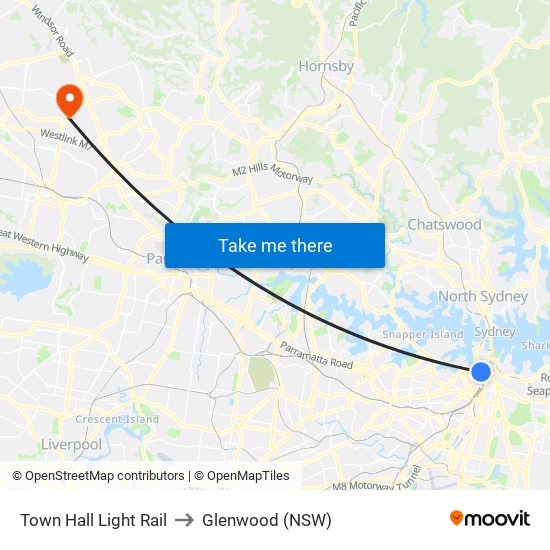 Town Hall Light Rail to Glenwood (NSW) map