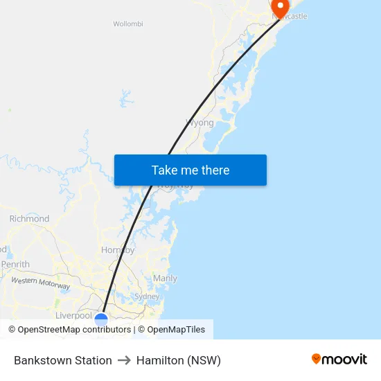 Bankstown Station to Hamilton (NSW) map