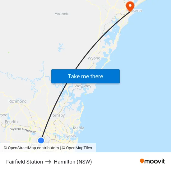 Fairfield Station to Hamilton (NSW) map