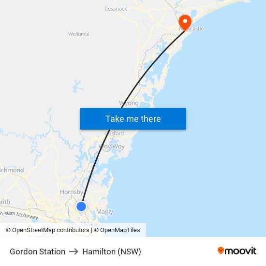 Gordon Station to Hamilton (NSW) map