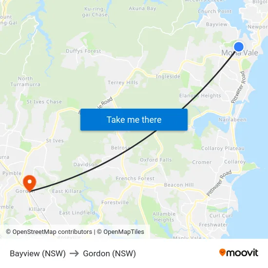 Bayview (NSW) to Gordon (NSW) map