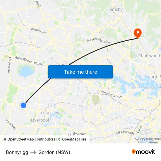 Bonnyrigg to Gordon (NSW) map