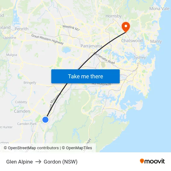 Glen Alpine to Gordon (NSW) map