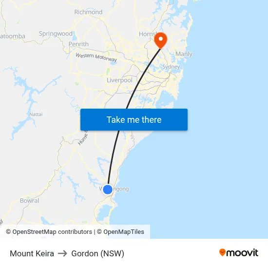 Mount Keira to Gordon (NSW) map