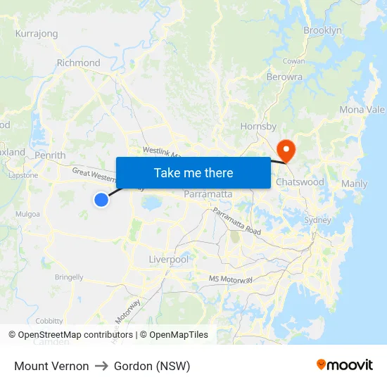 Mount Vernon to Gordon (NSW) map