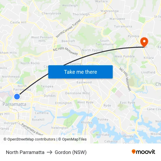 North Parramatta to Gordon (NSW) map