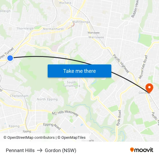 Pennant Hills to Gordon (NSW) map