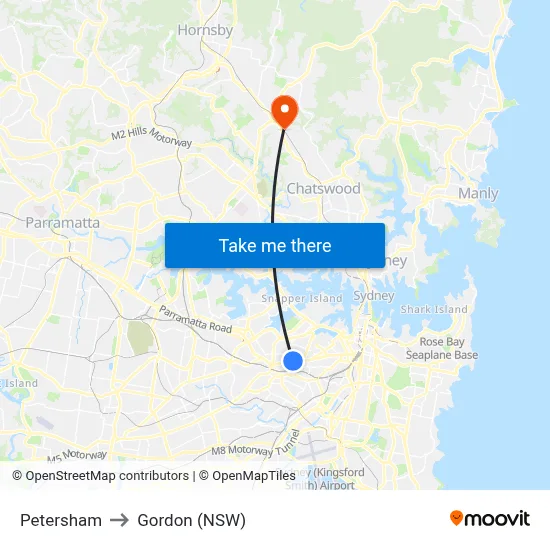 Petersham to Gordon (NSW) map