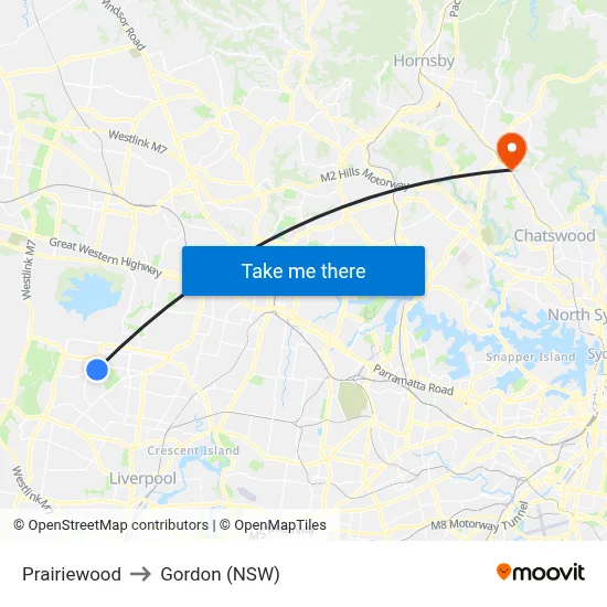 Prairiewood to Gordon (NSW) map
