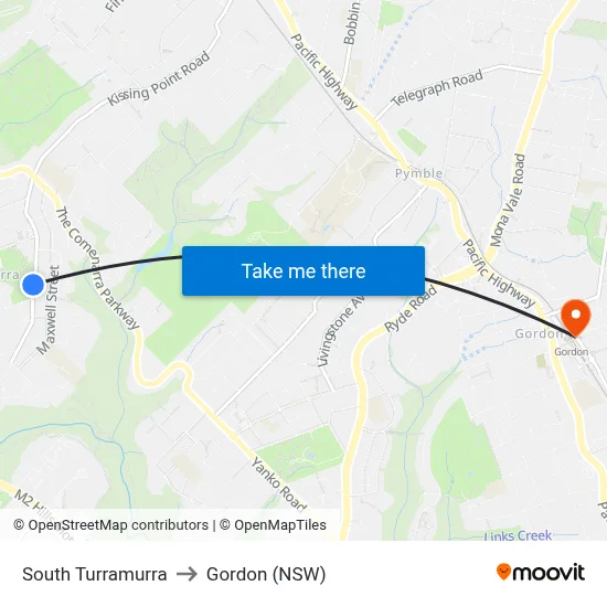 South Turramurra to Gordon (NSW) map