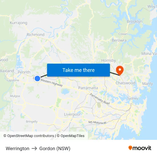 Werrington to Gordon (NSW) map