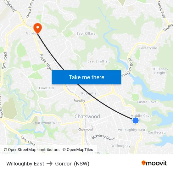 Willoughby East to Gordon (NSW) map