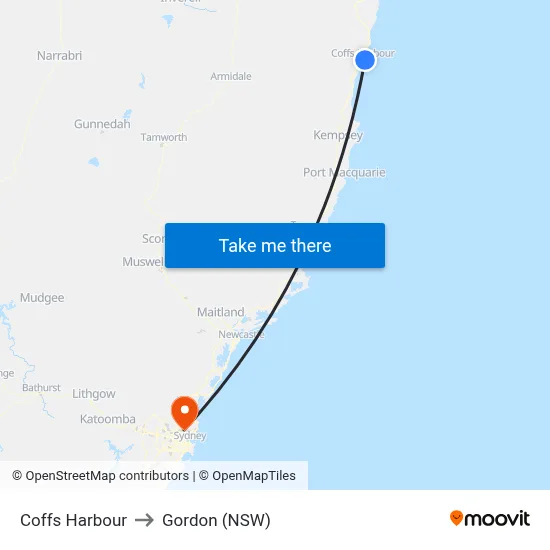 Coffs Harbour to Gordon (NSW) map