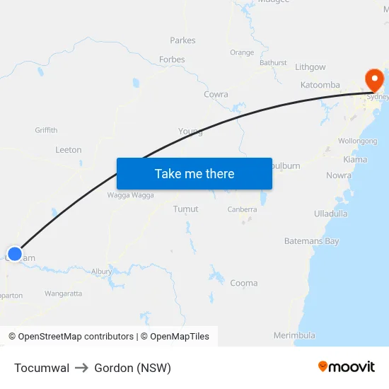 Tocumwal to Gordon (NSW) map