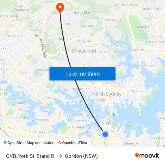 QVB, York St, Stand D to Gordon (NSW) map