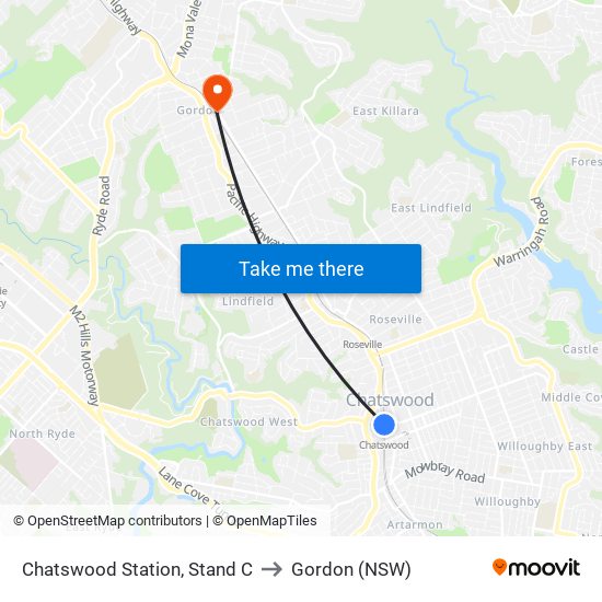 Chatswood Station, Stand C to Gordon (NSW) map