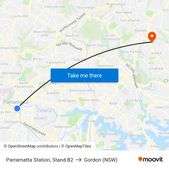 Parramatta Station, Stand B2 to Gordon (NSW) map