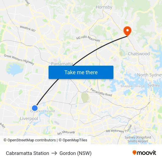 Cabramatta Station to Gordon (NSW) map