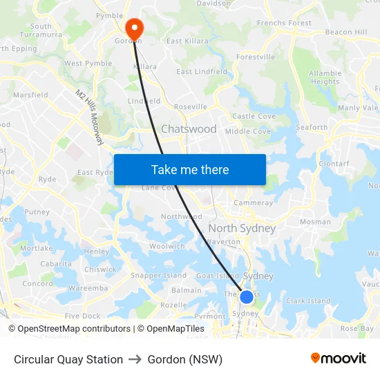 Circular Quay Station to Gordon (NSW) map