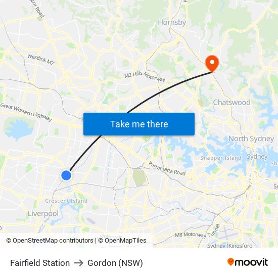 Fairfield Station to Gordon (NSW) map