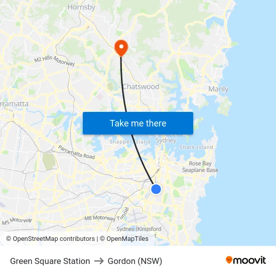 Green Square Station to Gordon (NSW) map