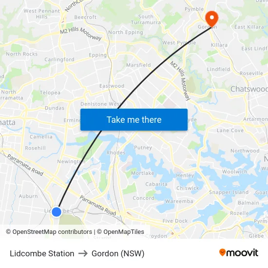 Lidcombe Station to Gordon (NSW) map