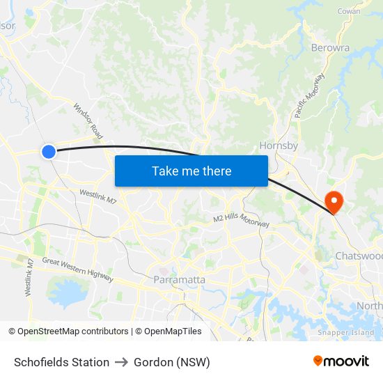 Schofields Station to Gordon (NSW) map