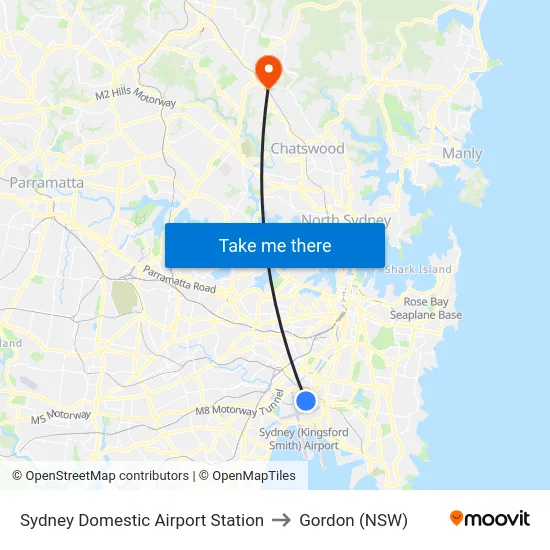 Sydney Domestic Airport Station to Gordon (NSW) map