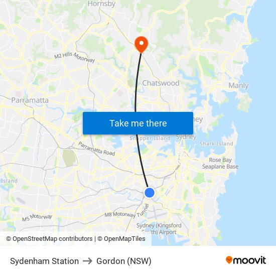 Sydenham Station to Gordon (NSW) map