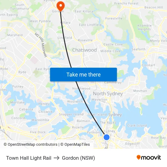 Town Hall Light Rail to Gordon (NSW) map