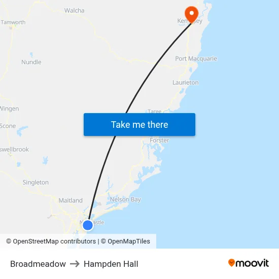 Broadmeadow to Hampden Hall map