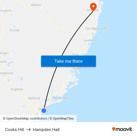 Cooks Hill to Hampden Hall map