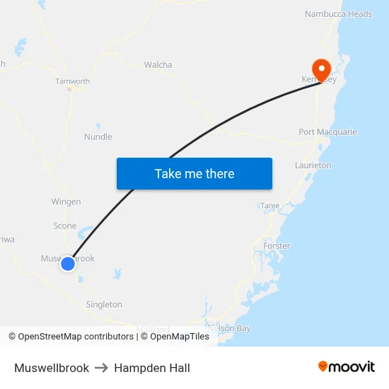 Muswellbrook to Hampden Hall map