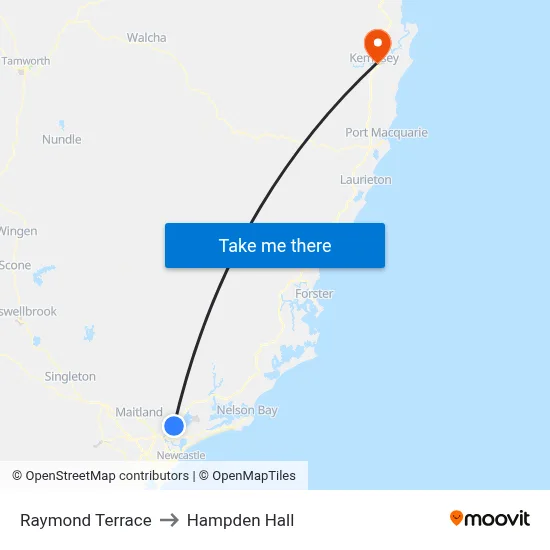 Raymond Terrace to Hampden Hall map