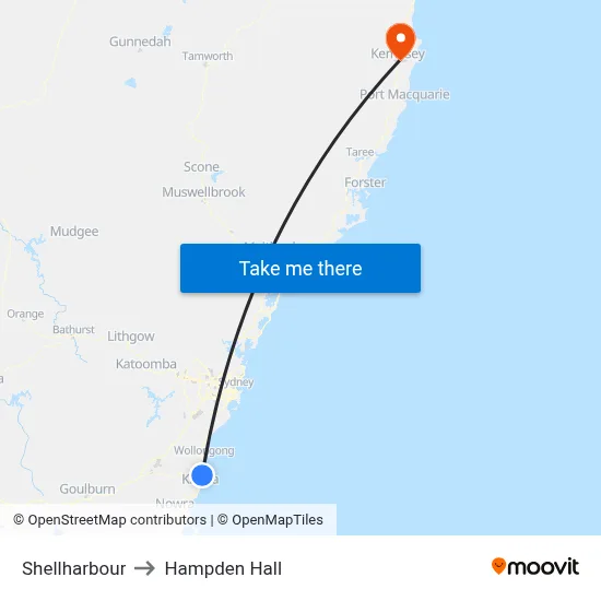 Shellharbour to Hampden Hall map