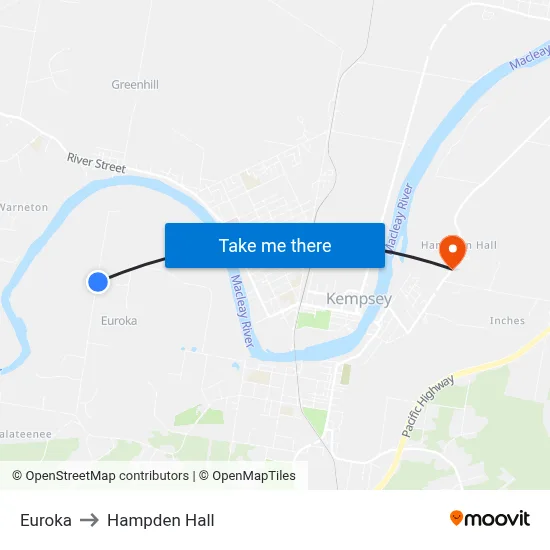 Euroka to Hampden Hall map