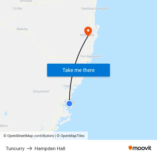 Tuncurry to Hampden Hall map