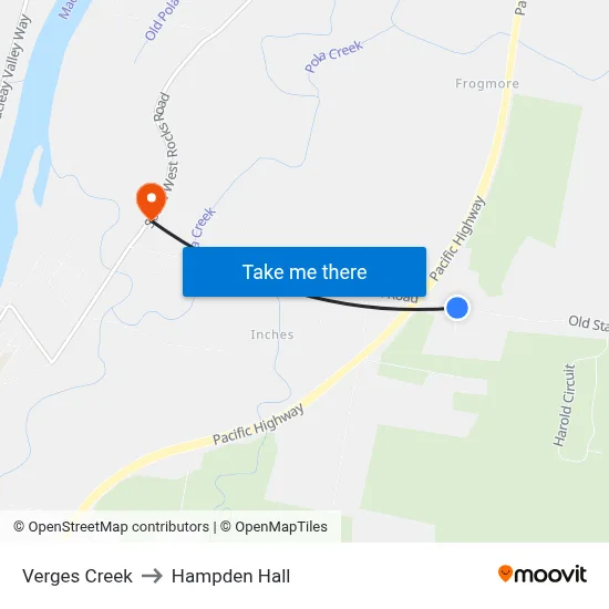 Verges Creek to Hampden Hall map