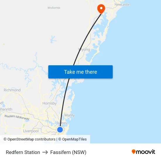 Redfern Station to Fassifern (NSW) map