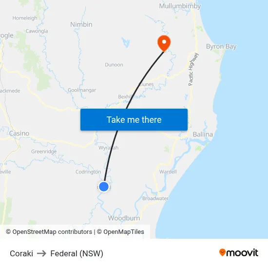 Coraki to Federal (NSW) map