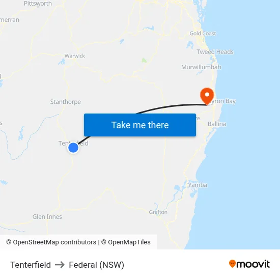 Tenterfield to Federal (NSW) map