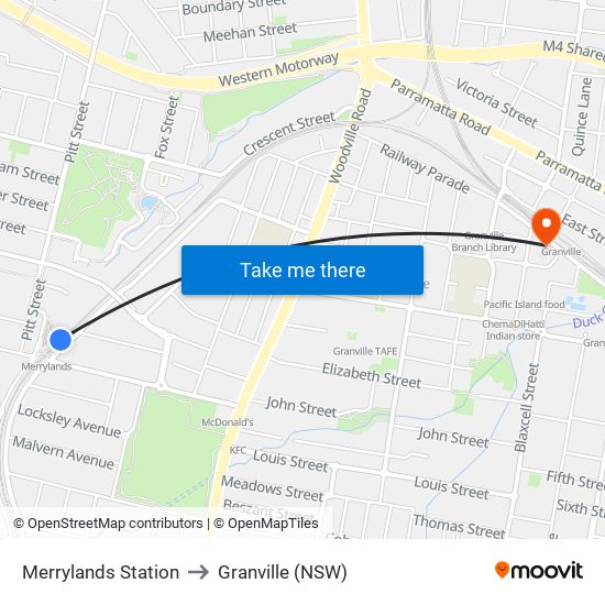 Merrylands Station to Granville (NSW) map