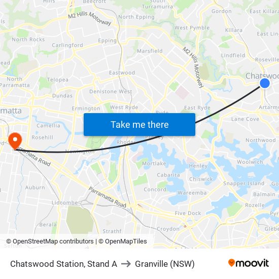 Chatswood Station, Stand A to Granville (NSW) map