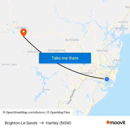 Brighton-Le-Sands to Hartley (NSW) map